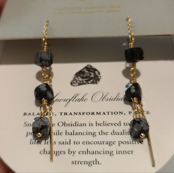 LUNA NORTE 14K GOLD PLATED ON BRASS CHANDELIER SNOWFLAKE OBSIDIAN GEMSTONE - Picture 6 of 12